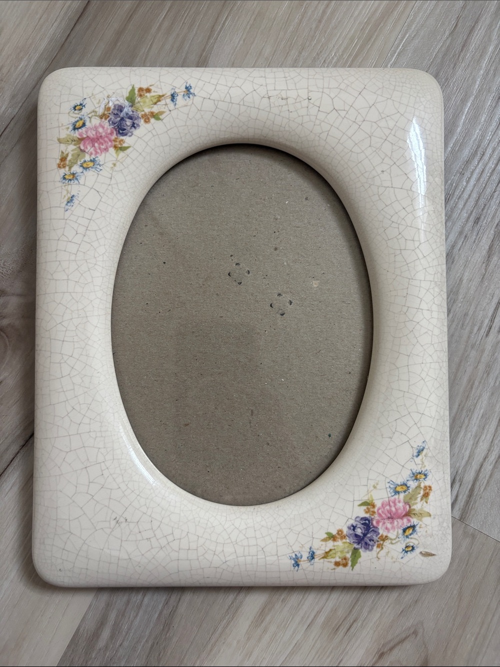 VTG Ceramic Crackle Glaze Floral Picture Frame Cream Oval Photo Opening
